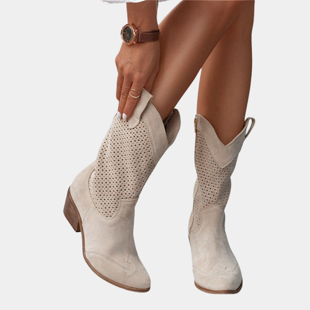 Wanda | Perforated Mid Calf Block Boots
