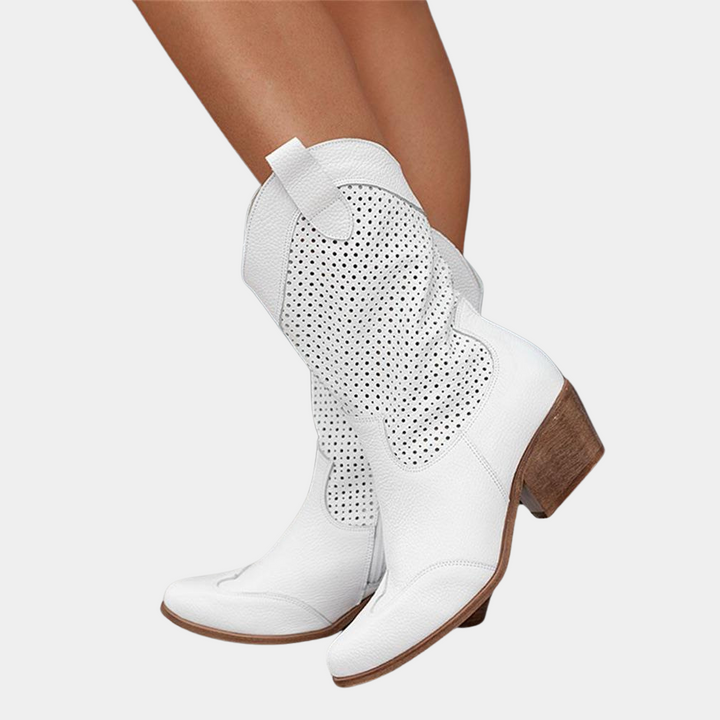 Wanda | Perforated Mid Calf Block Boots