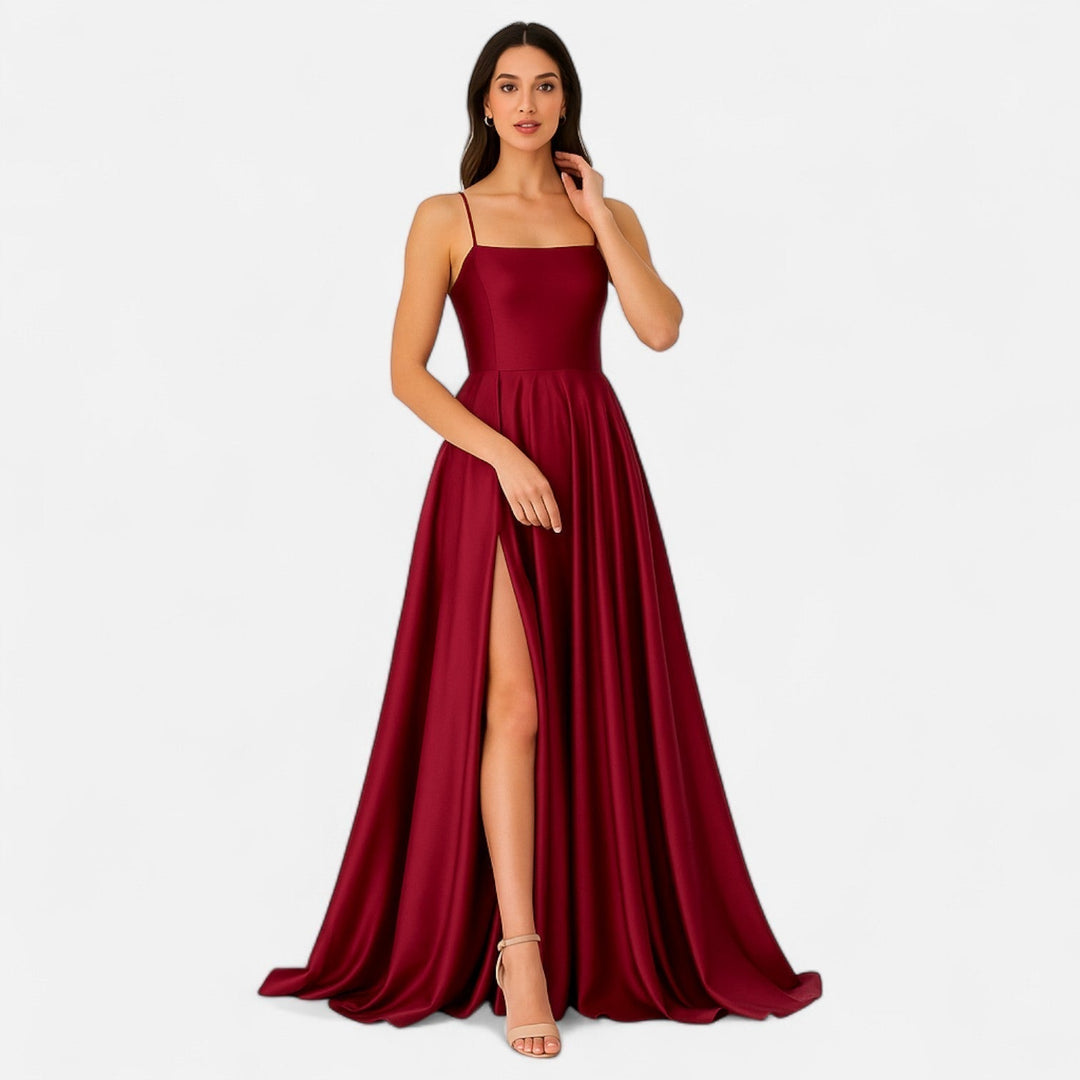 Elida | Satin Slit Maxi Dress with Spaghetti Straps