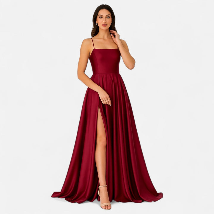 Elida | Satin Slit Maxi Dress with Spaghetti Straps