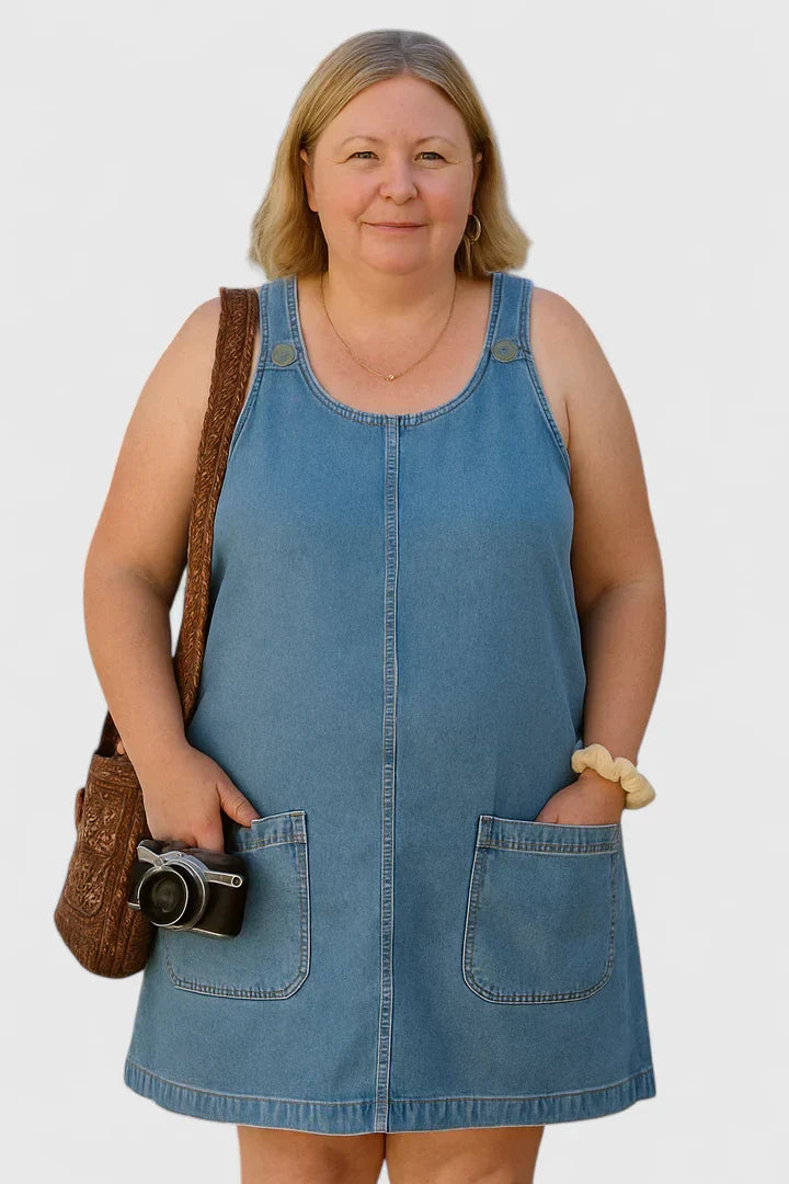 Honora | Light Blue Sleeveless Denim Dress with Pockets