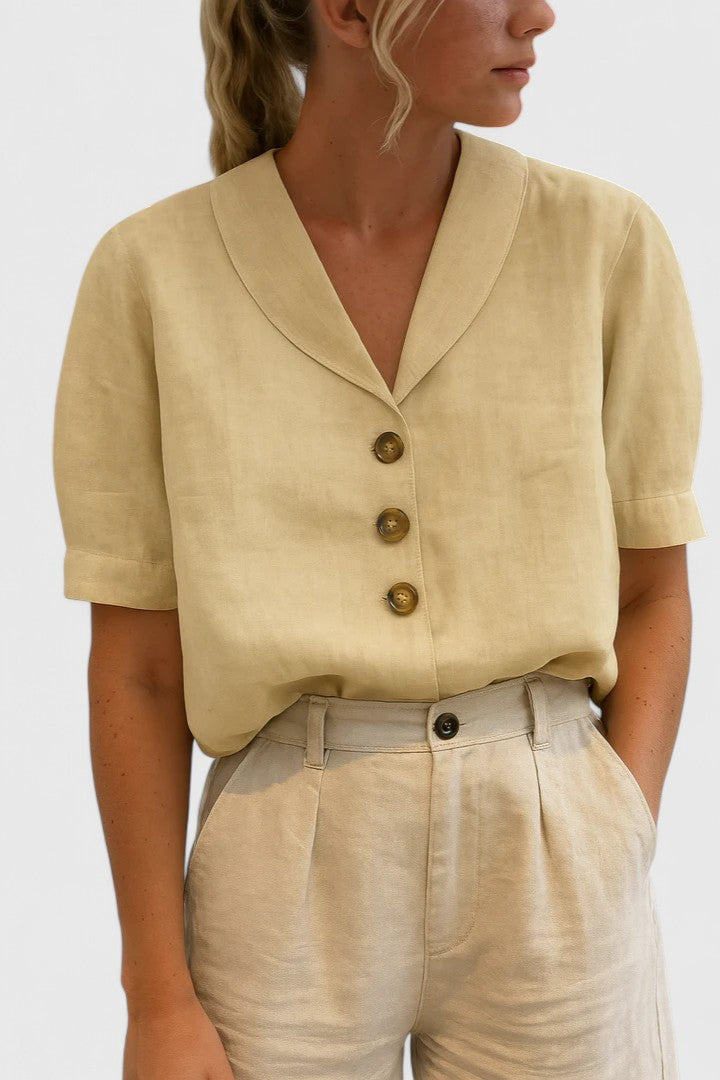 Olive | Short Sleeve Linen Blouse with Buttons