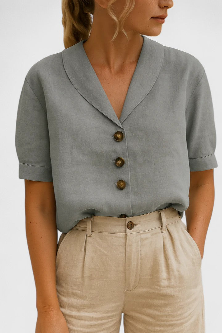 Olive | Short Sleeve Linen Blouse with Buttons