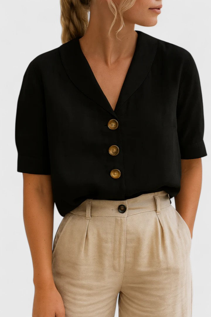 Olive | Short Sleeve Linen Blouse with Buttons