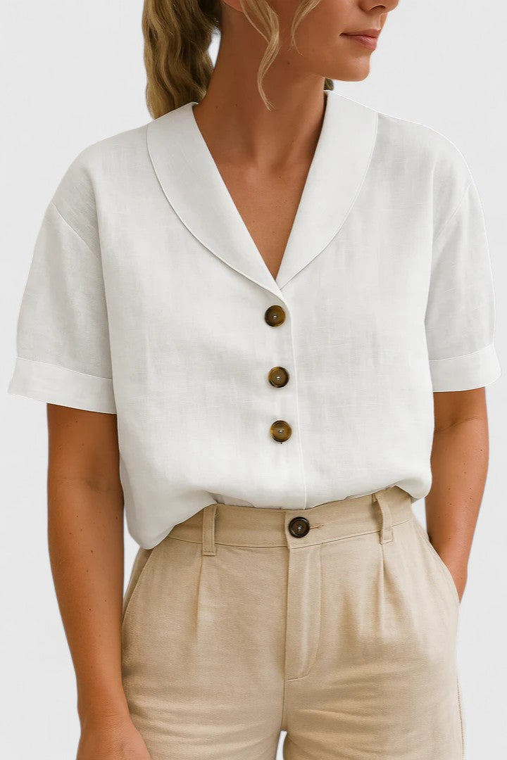 Olive | Short Sleeve Linen Blouse with Buttons