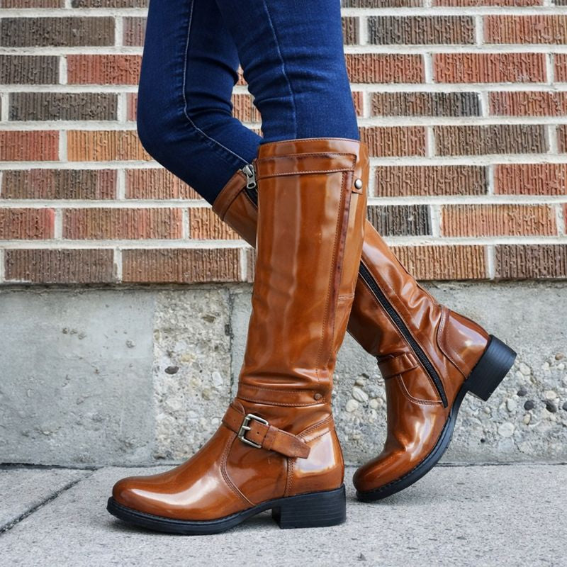 Wilda | Glossy Knee-High Boots with Buckle