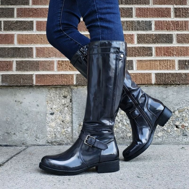 Wilda | Glossy Knee-High Boots with Buckle