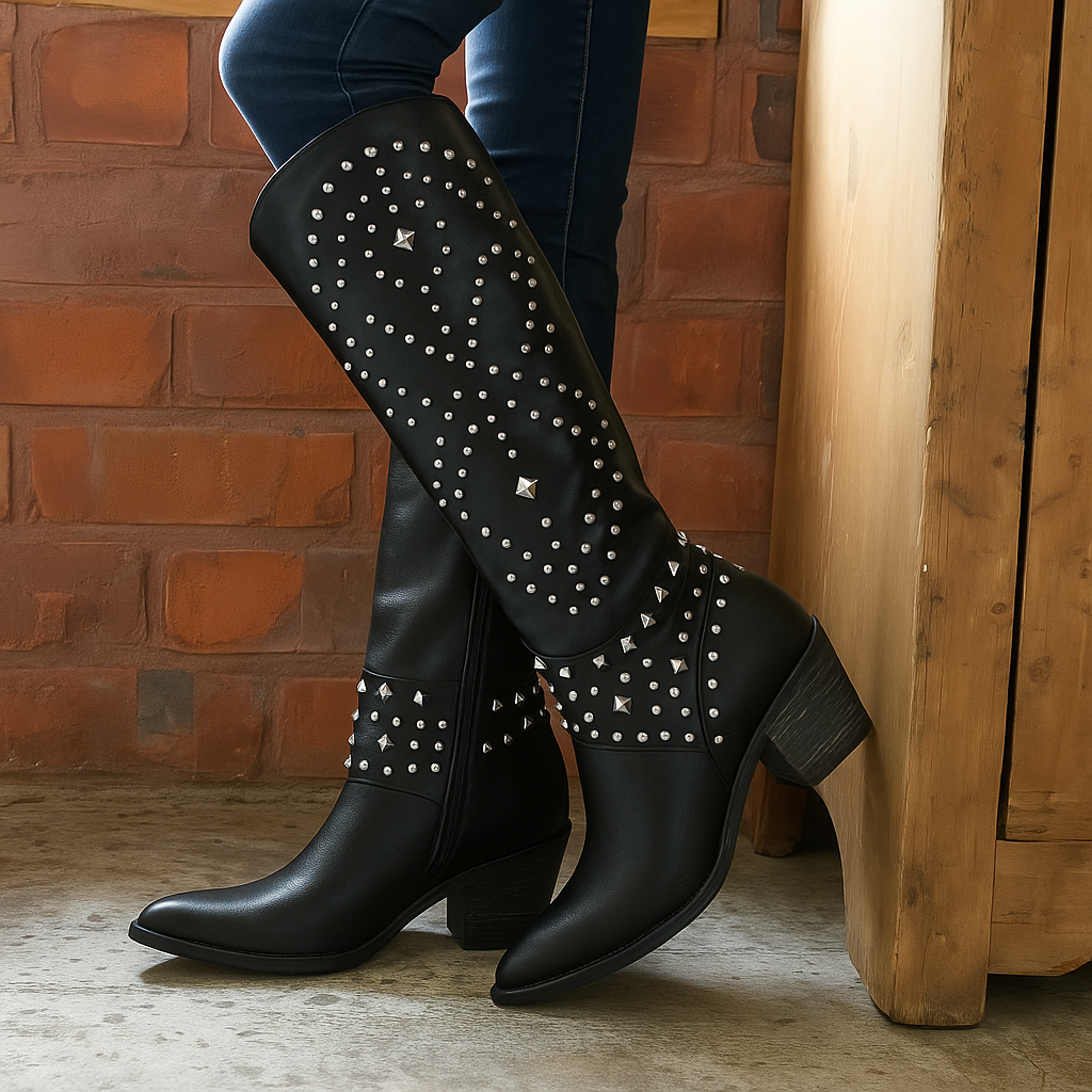 Jada | Studded Knee-High Cowboy Boots with Block Heel
