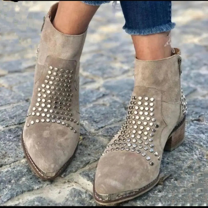 Kira | Taupe Studded Western Ankle Boots