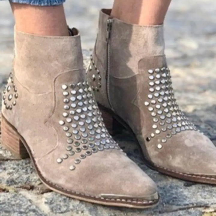 Kira | Taupe Studded Western Ankle Boots