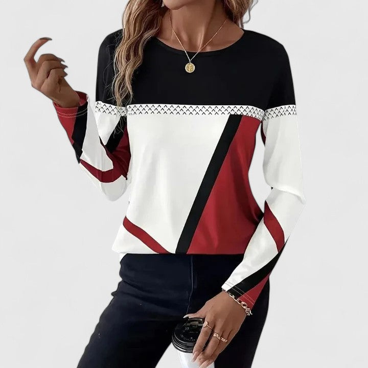 Janet | Red Black Colorblock Sweater Round Neck