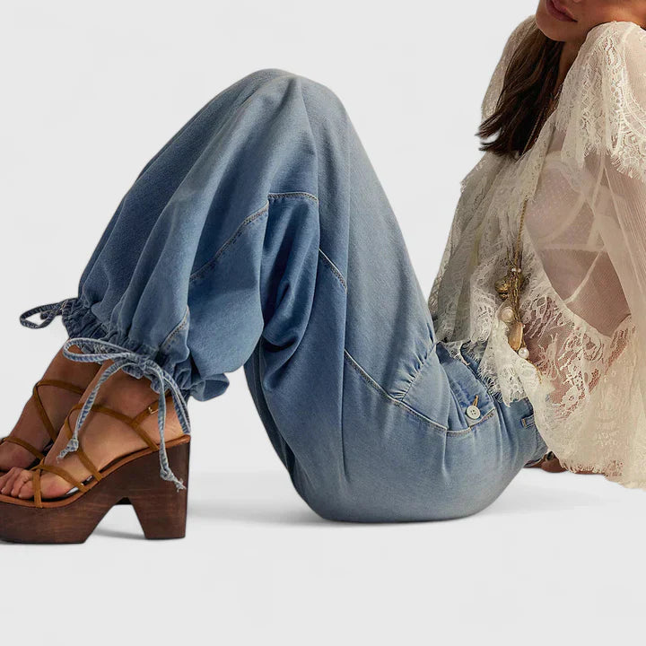 Edana | Denim Balloon Pants with Drawstring Cuffs
