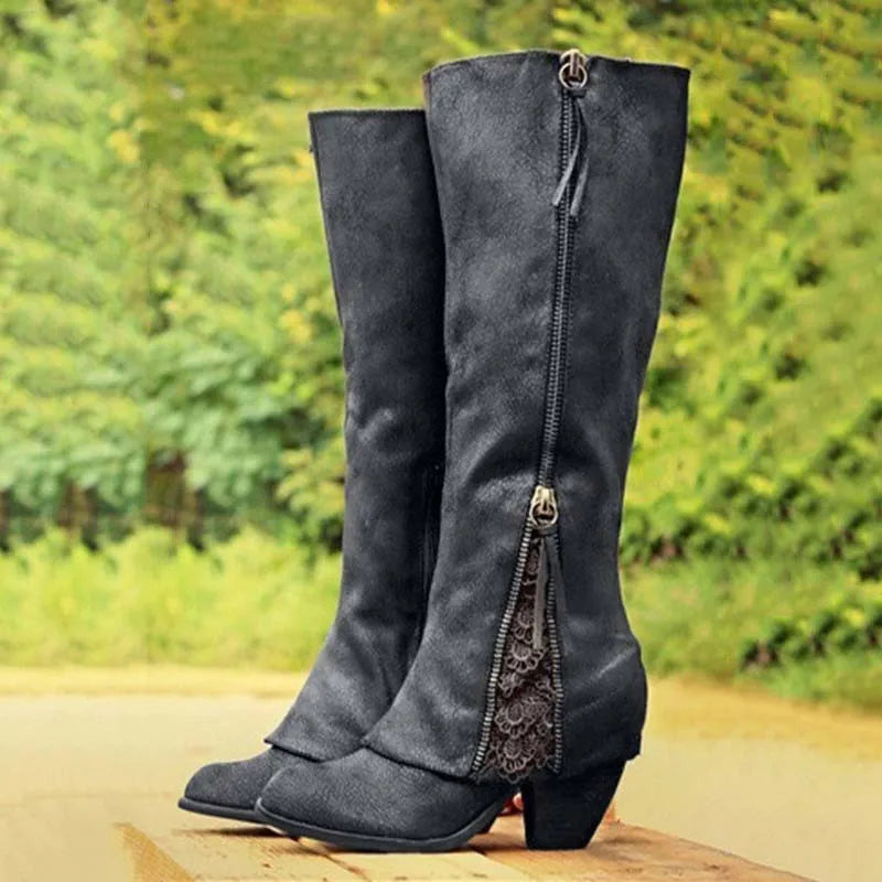 Sandy | Lace Detail Knee-High Boots with Zipper