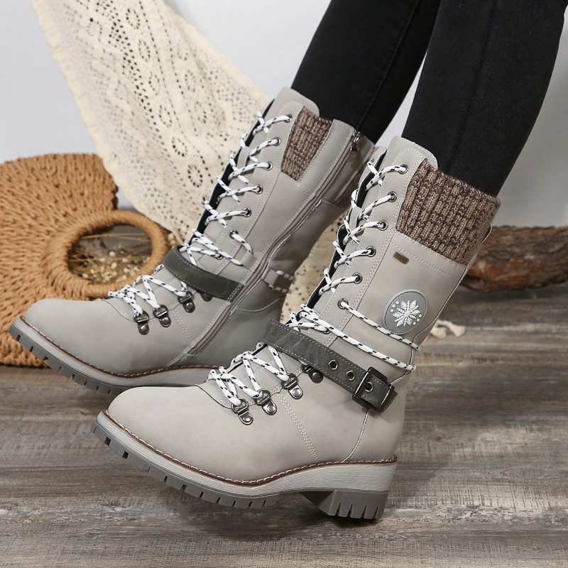 Brigid | Lace-Up Mid-Calf Boots with Buckle