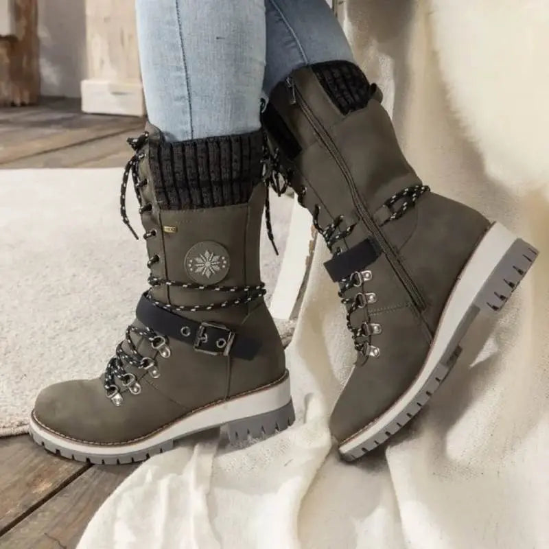 Brigid | Lace-Up Mid-Calf Boots with Buckle