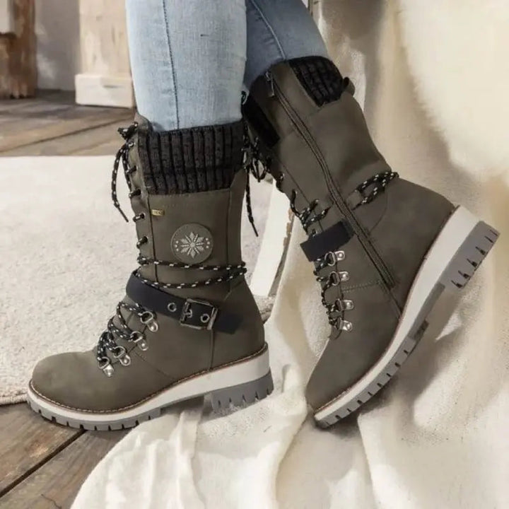 Brigid | Lace-Up Mid-Calf Boots with Buckle