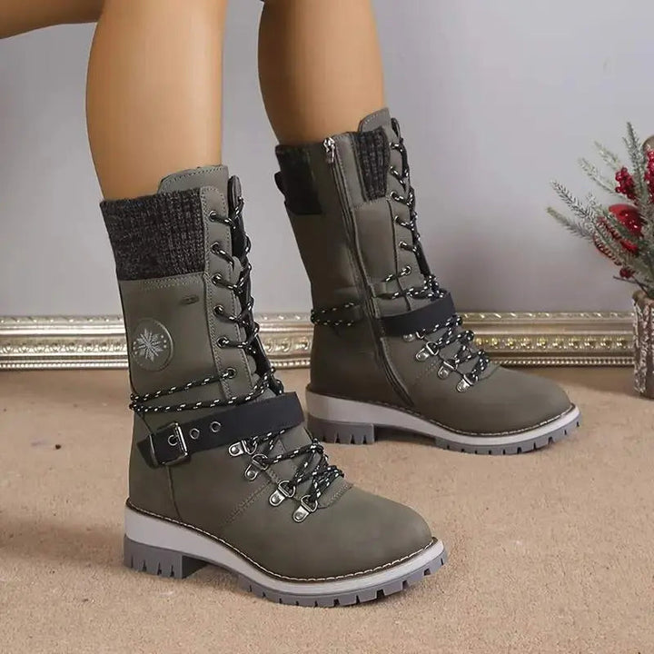 Brigid | Lace-Up Mid-Calf Boots with Buckle