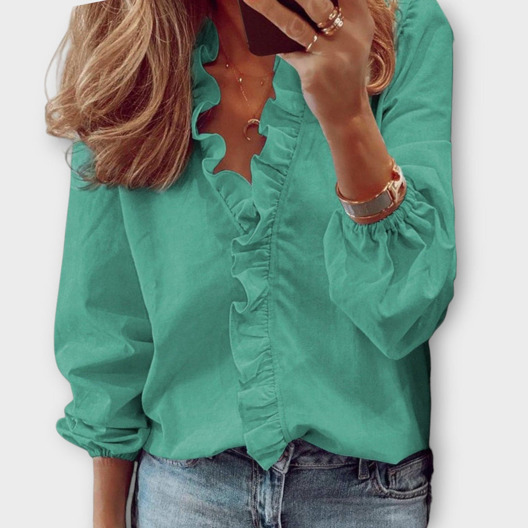 Violetta | Ruffled V-Neck Blouse with Long Sleeves