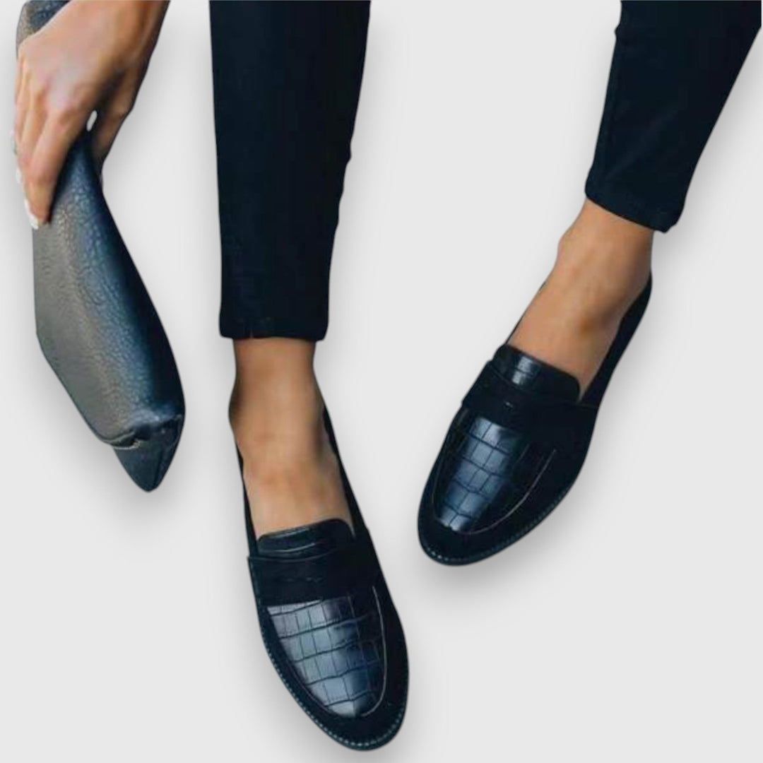 Georgiana | Black Croc Penny Loafers with Suede Trim