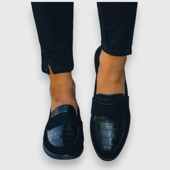 Georgiana | Black Croc Penny Loafers with Suede Trim