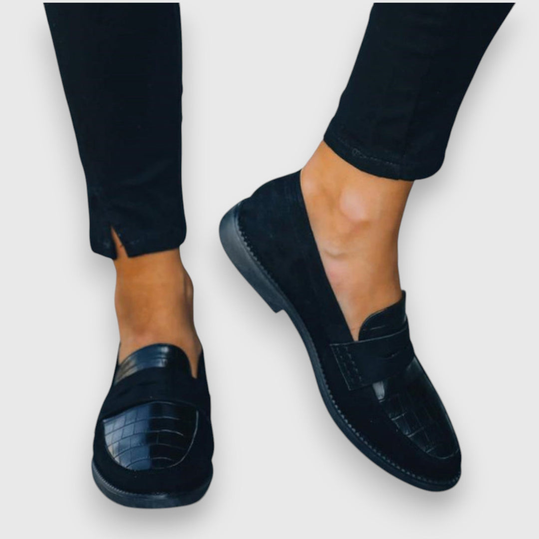 Georgiana | Black Croc Penny Loafers with Suede Trim