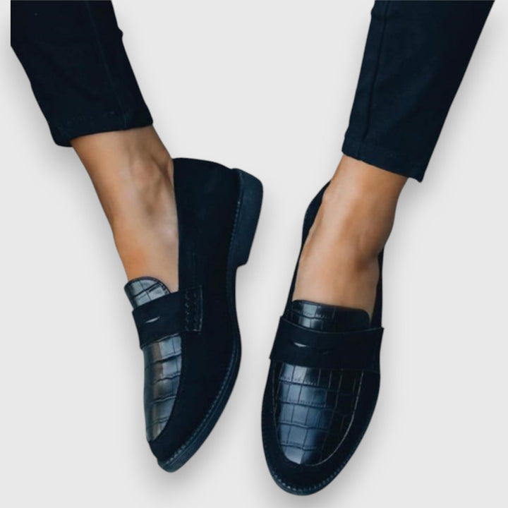 Georgiana | Black Croc Penny Loafers with Suede Trim