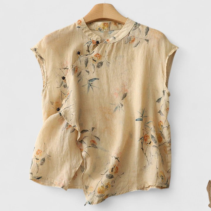 Tea | Floral Sleeveless Blouse with Mandarin Collar