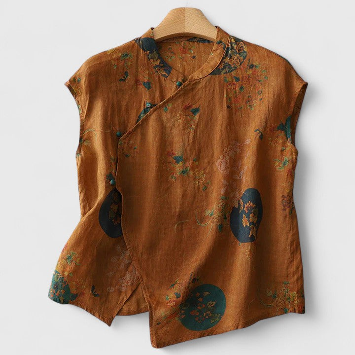 Tea | Floral Sleeveless Blouse with Mandarin Collar