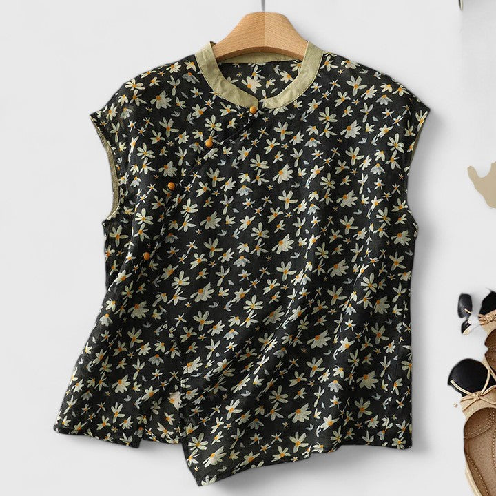 Tea | Floral Sleeveless Blouse with Mandarin Collar