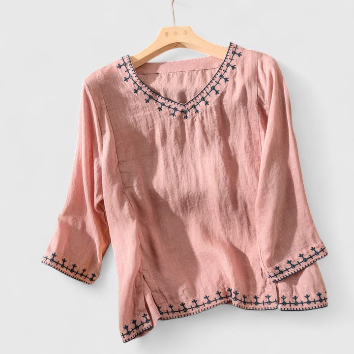 Kim | Embroidered V-Neck Linen Blouse