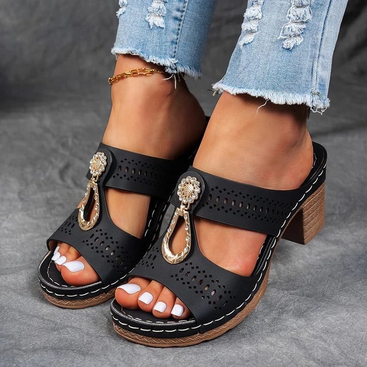 Kamala | Cutout Embellished Wedge Sandals with Block Heel