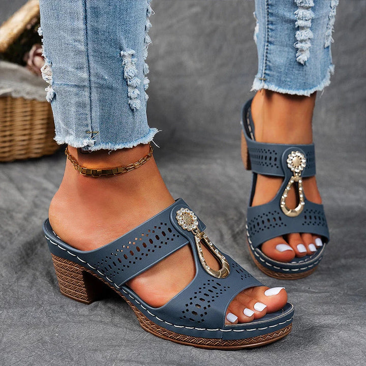 Kamala | Cutout Embellished Wedge Sandals with Block Heel