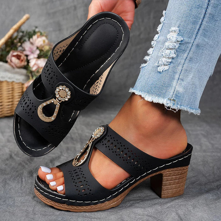 Kamala | Cutout Embellished Wedge Sandals with Block Heel