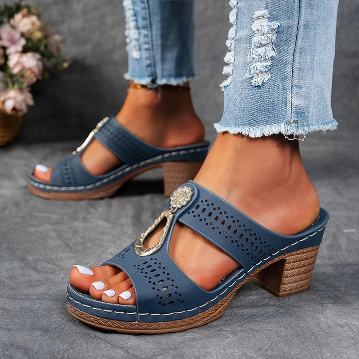 Kamala | Cutout Embellished Wedge Sandals with Block Heel