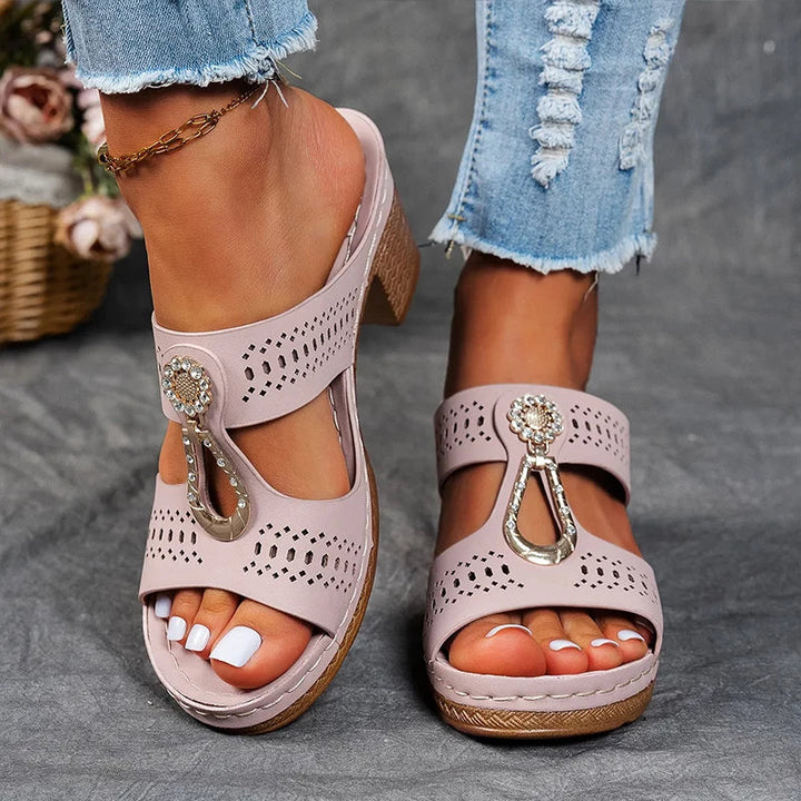 Kamala | Cutout Embellished Wedge Sandals with Block Heel