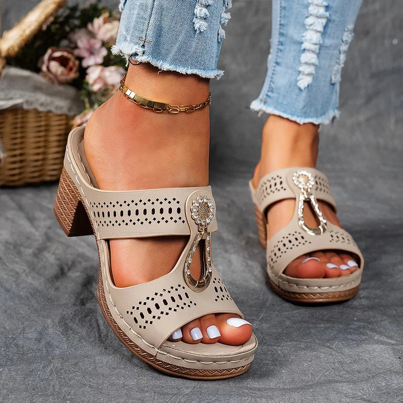 Kamala | Cutout Embellished Wedge Sandals with Block Heel