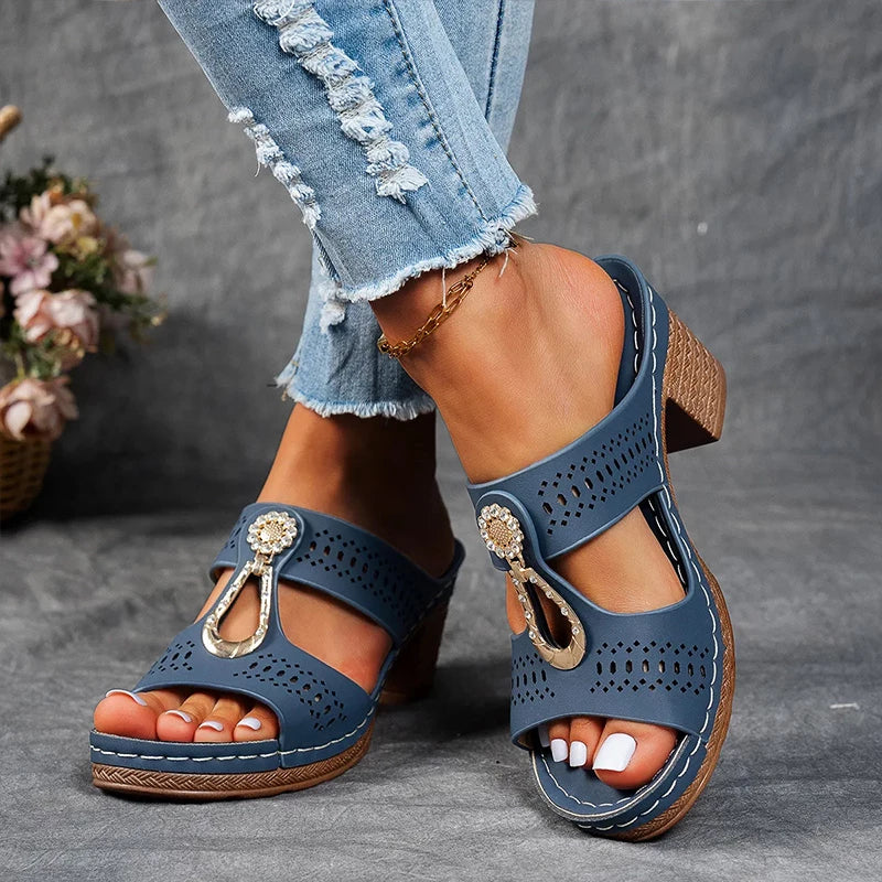 Kamala | Cutout Embellished Wedge Sandals with Block Heel