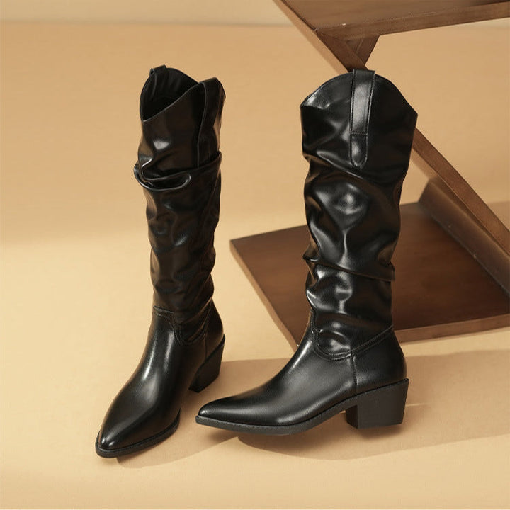 Emery | Slouch Knee-High Western Boots Block Heel