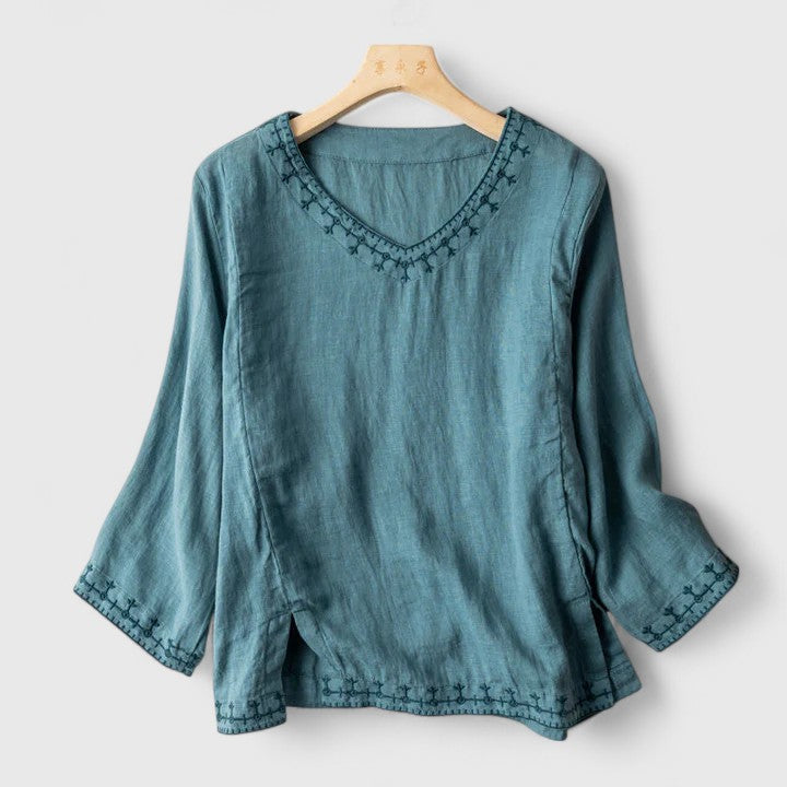 Kim | Embroidered V-Neck Linen Blouse