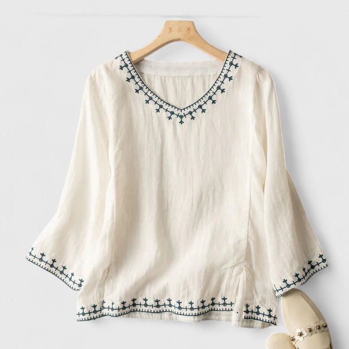 Kim | Embroidered V-Neck Linen Blouse