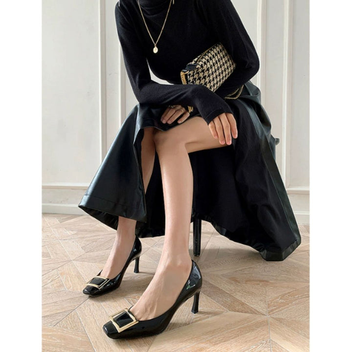 Neala | Black Square Toe Buckle Stiletto Heels