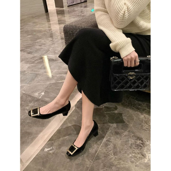 Neala | Black Square Toe Buckle Stiletto Heels