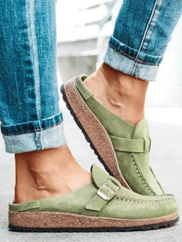Sapphira | Suede Buckle-Strap Closed-Toe Clogs