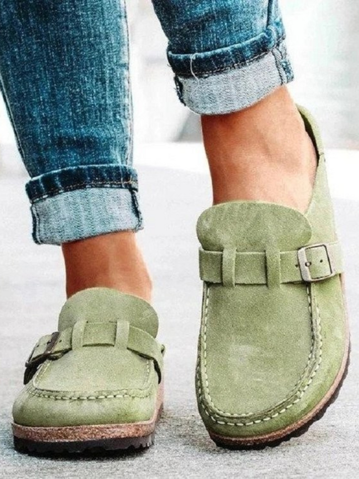 Sapphira | Suede Buckle-Strap Closed-Toe Clogs