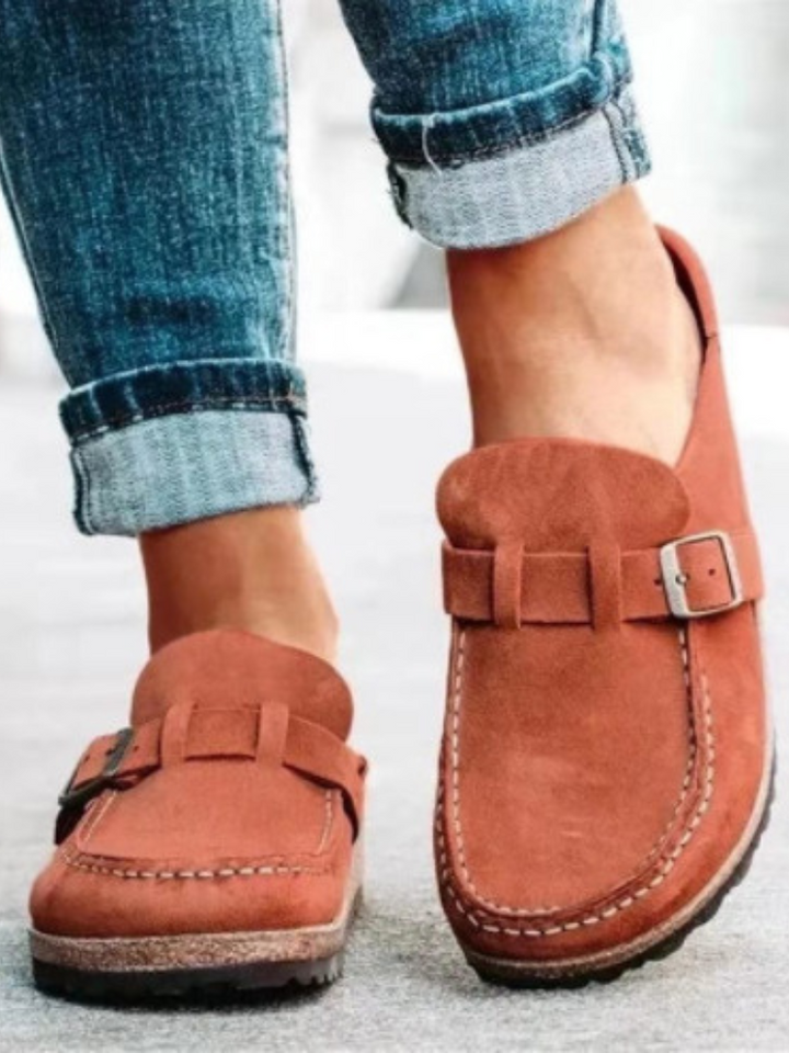 Sapphira | Suede Buckle-Strap Closed-Toe Clogs