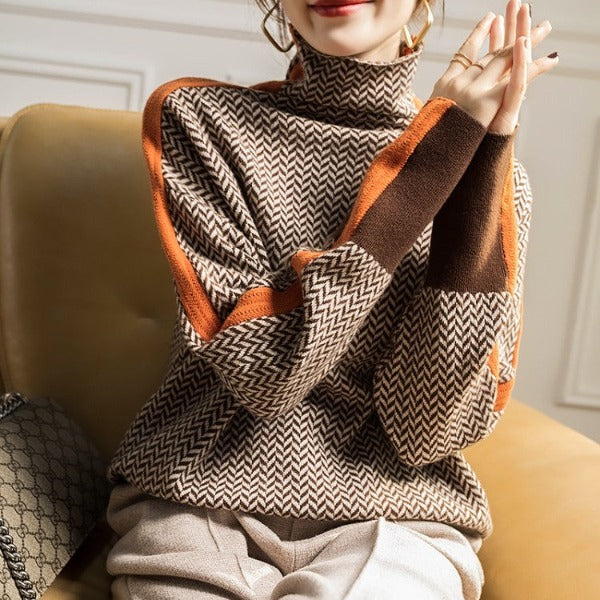 Solange | Herringbone Turtleneck Sweater with Side Stripe