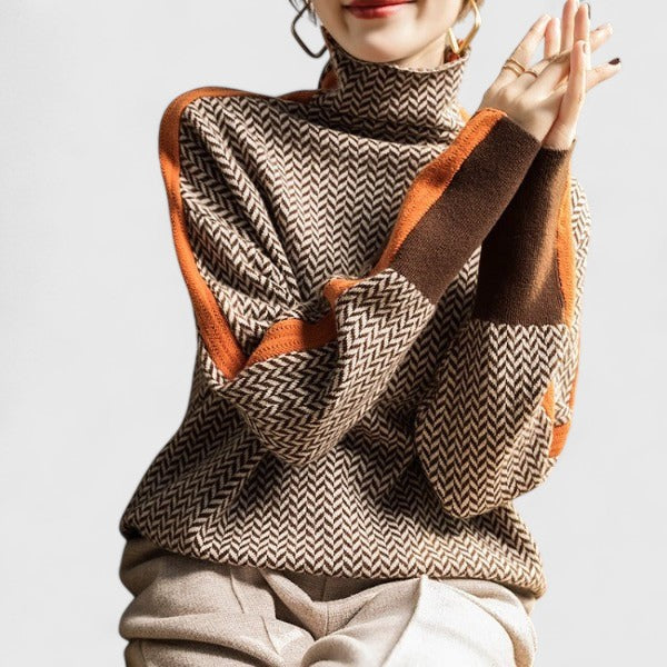 Thandie | Herringbone Mock Neck Sweater with Scarf