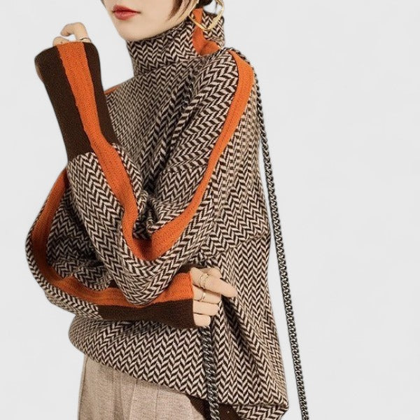 Thandie | Herringbone Mock Neck Sweater with Scarf