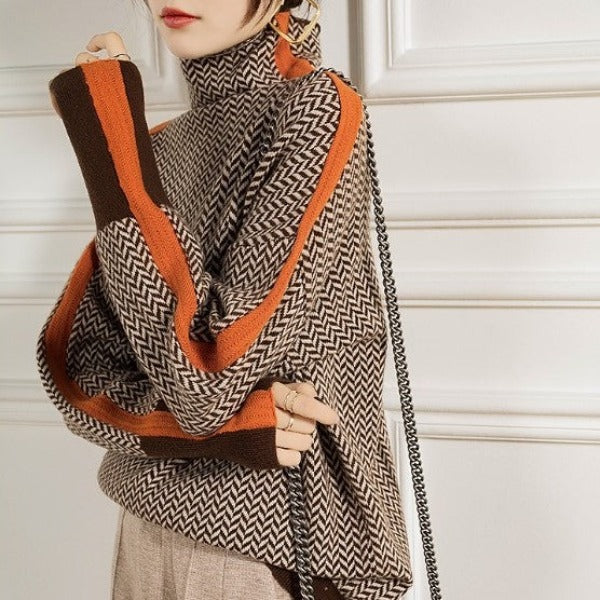 Solange | Herringbone Turtleneck Sweater with Side Stripe