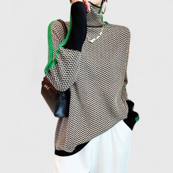 Thandie | Herringbone Mock Neck Sweater with Scarf